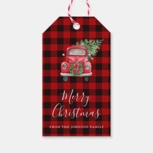Red Buffalo Check Vintage Truck Christmas Tree Gift Tags