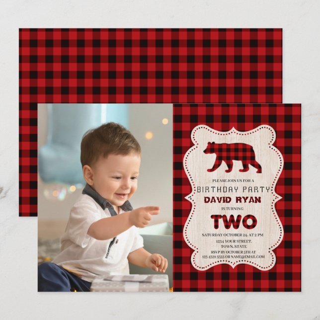 Red Buffalo Lumberjack Photo 2nd Birthday Party Invitation (Front/Back)