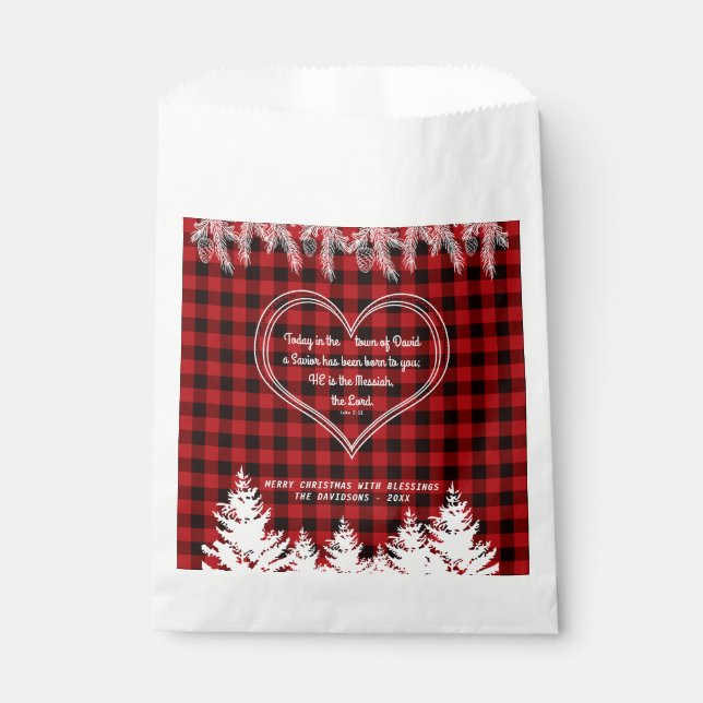 Red Buffalo Pattern Bible Verse Christmas Pine Favour Bag (Front)