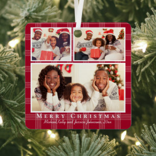 Red Buffalo Plaid 3 Photo Collage Christmas Metal Ornament