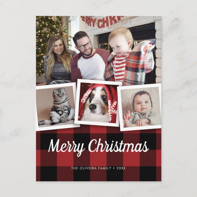 Red Buffalo Plaid 4 Photo Collage Merry Chrismtas Postcard (Front)