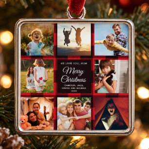 Red Buffalo Plaid 8 Photo Collage Family Picture Metal Ornament