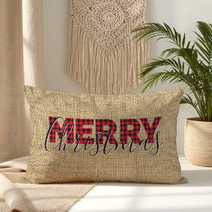 Red Buffalo Plaid and Calligraphy Merry Christmas Lumbar Pillow
