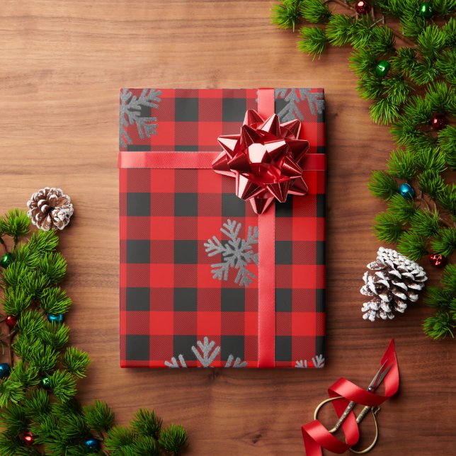 Red Buffalo Plaid and Glitter Snowflakes Wrapping Paper (Holiday Gift)