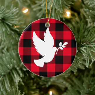 Red Buffalo Plaid and White Peace Dove Ceramic Ornament