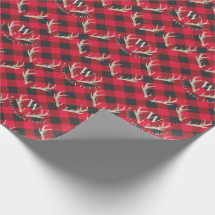 Red Buffalo Plaid   Antlers & Monogram Christmas Wrapping Paper