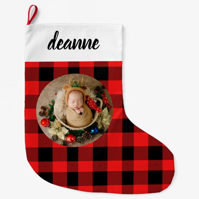 Red Buffalo Plaid Baby's First Christmas Photo Large Christmas Stocking (Front)