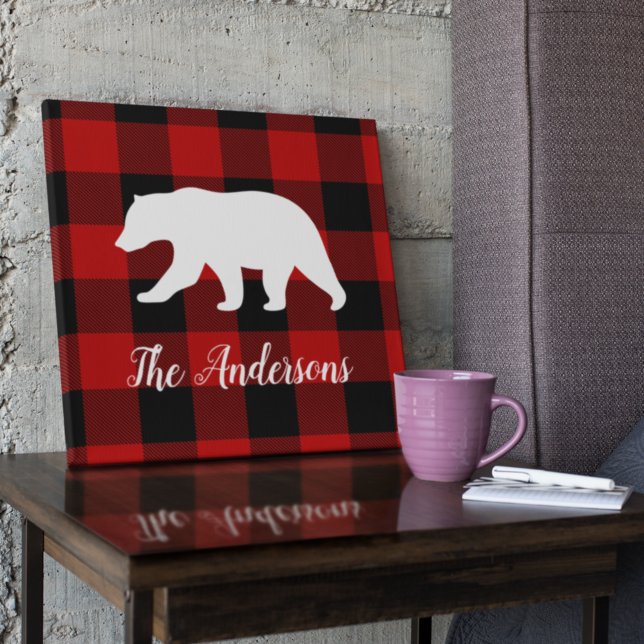 Red Buffalo Plaid & Bear | Personal Name Gift Canvas Print (Creator Uploaded)