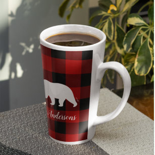 Red Buffalo Plaid & Bear   Personal Name Gift Latte Mug