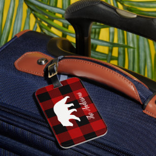 Red Buffalo Plaid & Bear   Personal Name Gift Luggage Tag