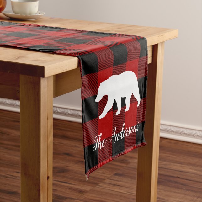 Red Buffalo Plaid & Bear | Personal Name Gift Medium Table Runner (In Situ)
