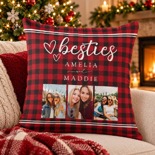 Red Buffalo Plaid Bestie Photo Collage Throw Pillow