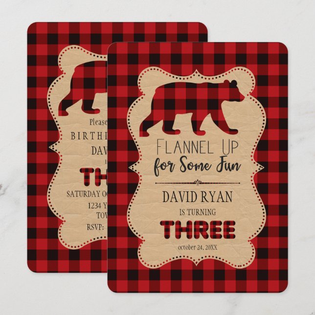 Red Buffalo Plaid Birthday THREE Custom Invitation (Front/Back)