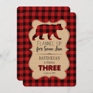 Red Buffalo Plaid Birthday THREE Custom Invitation