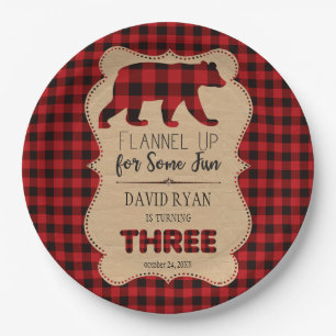 Red Buffalo Plaid Birthday THREE Custom Paper Plate