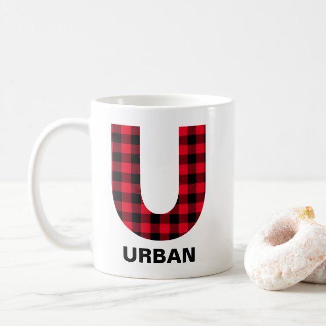 Red Buffalo Plaid Bold Initial U Monogram Coffee Mug (With Donut)