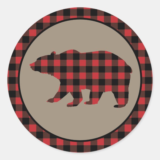 Red Buffalo Plaid Border Bear Classic Round Sticker (Front)