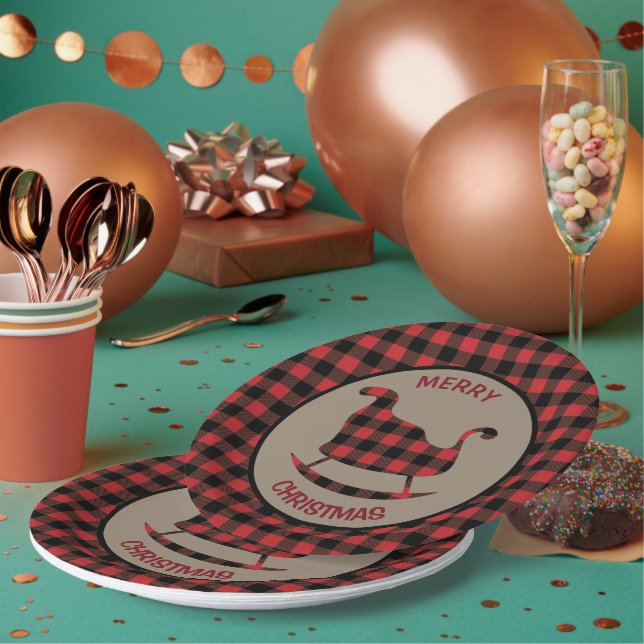 Red Buffalo Plaid Border Christmas Sleigh Paper Plate (Multi)