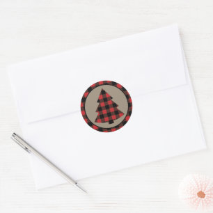 Red Buffalo Plaid Border Christmas Tree Classic Round Sticker