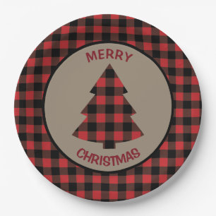 Red Buffalo Plaid Border Christmas Tree Paper Plate