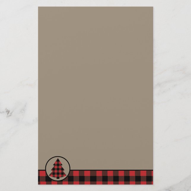 Red Buffalo Plaid Border Christmas Tree Stationery (Front)