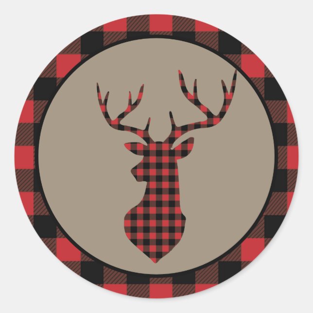 Red Buffalo Plaid Border Deer Classic Round Sticker (Front)
