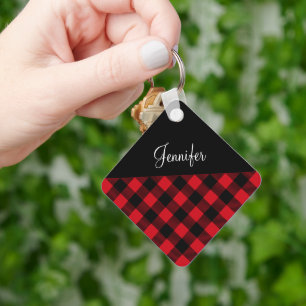 Red Buffalo Plaid Check Pattern Name Keychain