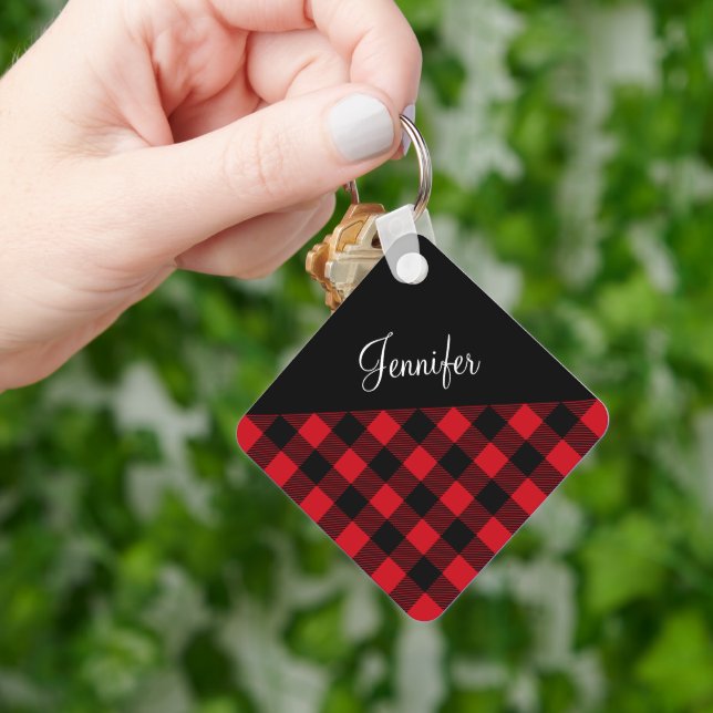 Red Buffalo Plaid Check Pattern Name Keychain (Hand)