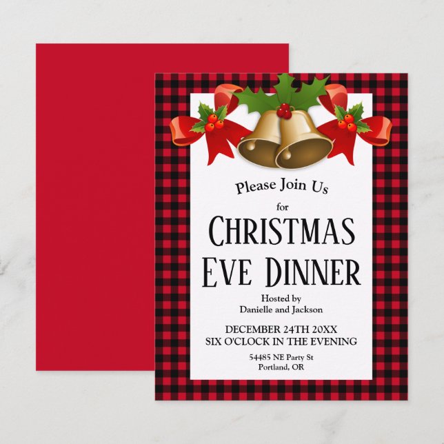 Red Buffalo Plaid Christmas Eve Dinner Invitation (Front/Back)