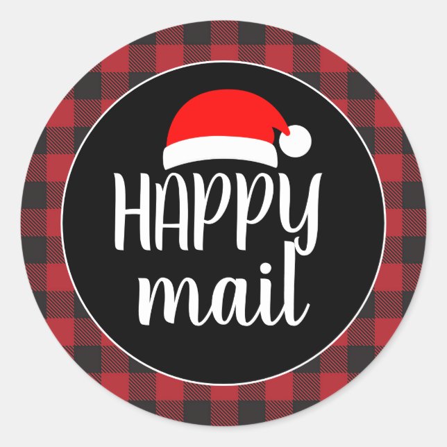 Red Buffalo Plaid Christmas Happy Mail Classic Round Sticker (Front)