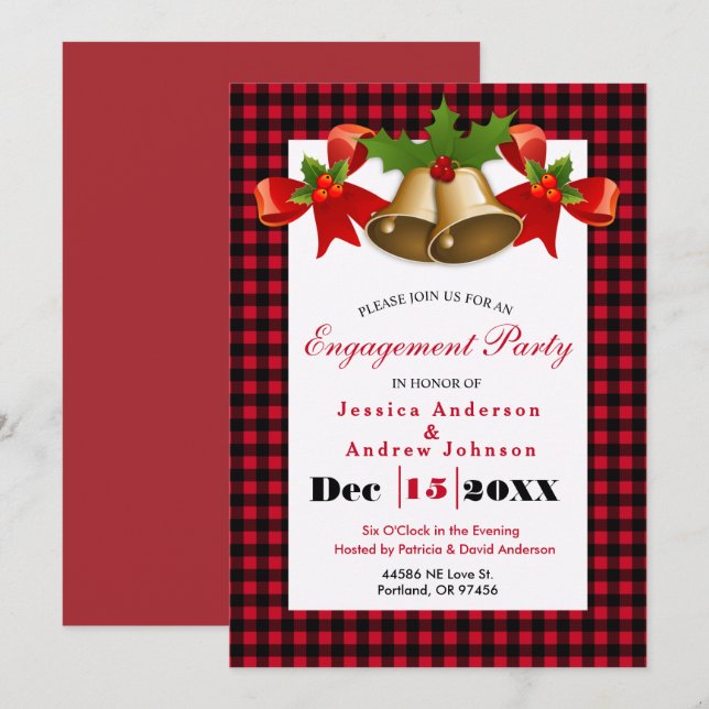 Red Buffalo Plaid Christmas Holiday Holly Bells Invitation (Front/Back)