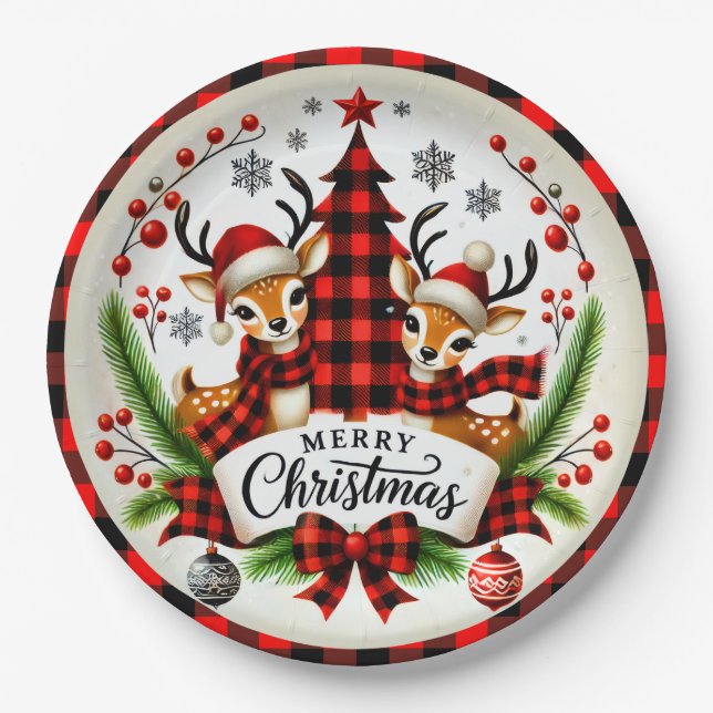 Red Buffalo Plaid Christmas Paper Plate (Front)