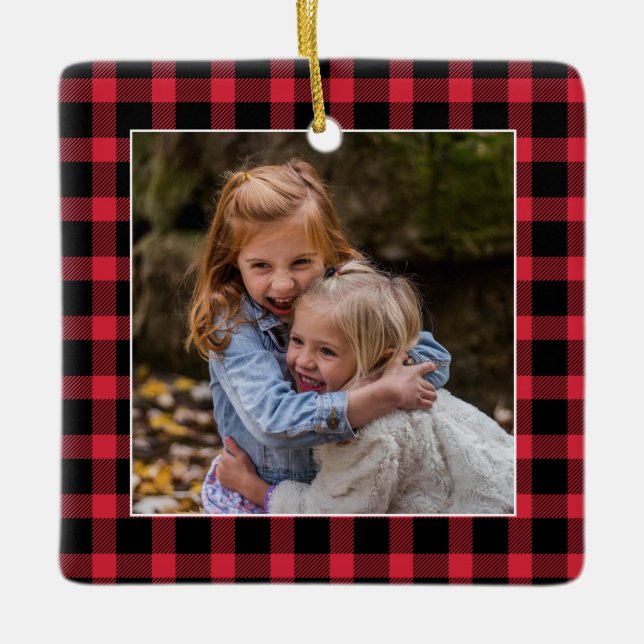 Red Buffalo Plaid Christmas Photo Ceramic Ornament (Front)