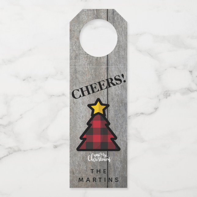 Red Buffalo Plaid Christmas Tree Bottle Tag (Front)