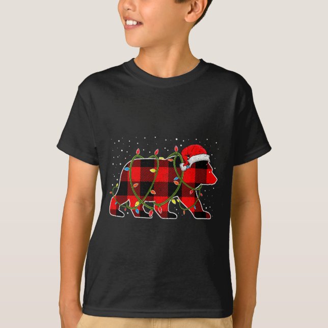 Red Buffalo Plaid Christmas Tree Light Bear Pajama T-Shirt (Front)