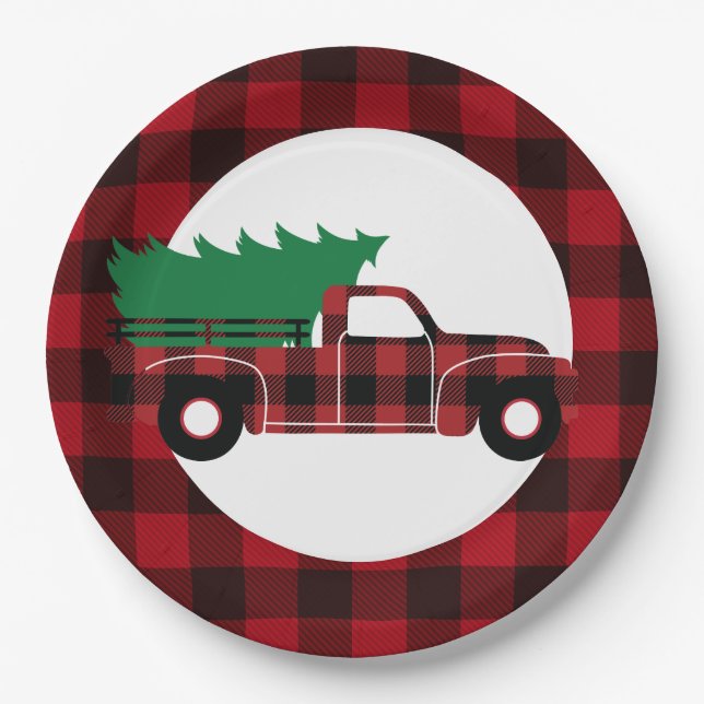 Red Buffalo Plaid Christmas Truck Paper Plate (Front)