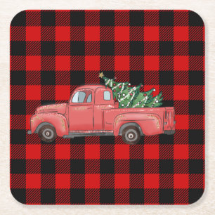 Red Buffalo Plaid Christmas Truck Square Paper Coaster