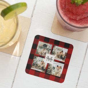 Red Buffalo Plaid & Collage Photo With Initial  Glass Coaster