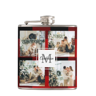 Red Buffalo Plaid & Collage Photo With Initial  Hip Flask