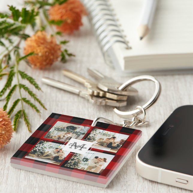 Red Buffalo Plaid & Collage Photo With Initial  Keychain (Front Right)