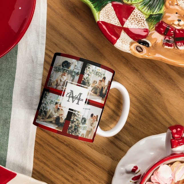 Red Buffalo Plaid & Collage Photo With Initial  Mug (Creator Uploaded)