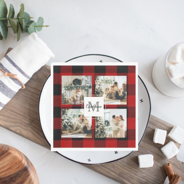 Red Buffalo Plaid & Collage Photo With Initial  Napkin (Creator Uploaded)