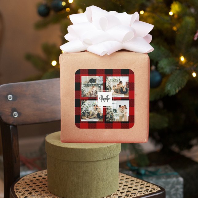 Red Buffalo Plaid & Collage Photo With Initial  Square Sticker (Creator Uploaded)