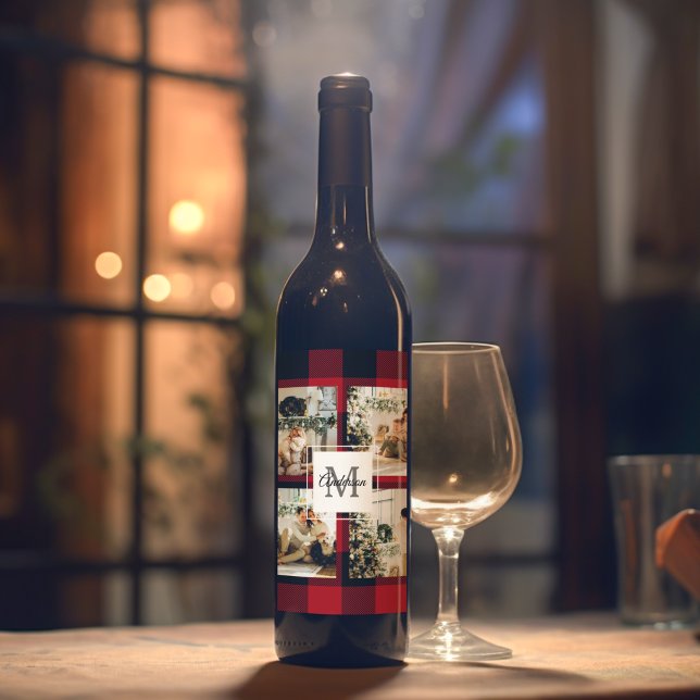 Red Buffalo Plaid & Collage Photo With Initial  Wine Label (Creator Uploaded)