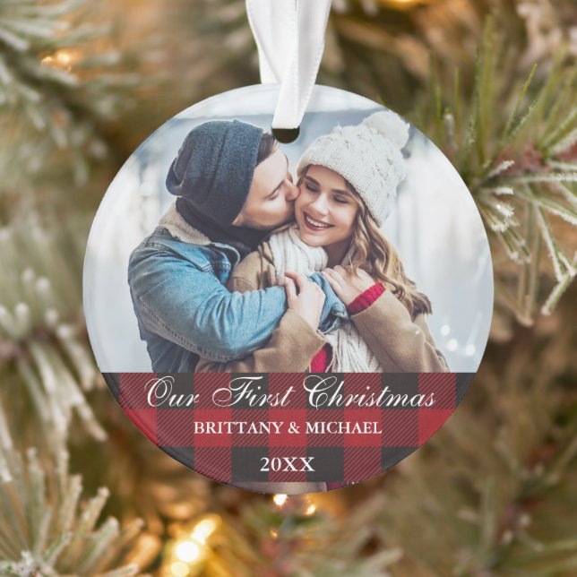 Red Buffalo Plaid Couple Our First Christmas Ornament (Tree)