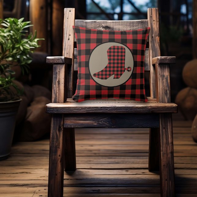 Red Buffalo Plaid Cowboy Boot Throw Pillow (Creator Uploaded)