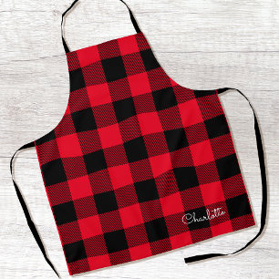 Red Buffalo Plaid Custom Name Rustic Christmas Apron
