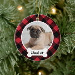 Red Buffalo Plaid Custom Pet Puppy Dog Photo Ceramic Ornament<br><div class="desc">Personalize this festive rich red and black buffalo check plaid ornament design with a photo of your puppy dog with their first name on the dog bone monogram nameplate. A great keepsake gift for dog lovers, to celebrate a puppy's first Christmas or to cherish the memory of a beloved family...</div>