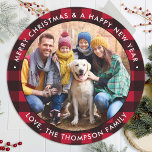 Red Buffalo Plaid Custom Photo Merry Christmas  Classic Round Sticker<br><div class="desc">Add the finishing touch to your envelopes, mailings and stationary with these red buffalo plaid custom photo stickers. Personalized these round christmas stickers with your favourite photo, pet photo, family photo with and greetings. These red and black plaid stickers are perfect for envelope seals and gift wrapping. COPYRIGHT © 2020...</div>