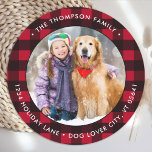 Red Buffalo Plaid Custom Photo Return Address Classic Round Sticker<br><div class="desc">Add the finishing touch to your envelopes, mailings and stationary with these red buffalo plaid custom photo return address labels. Personalized these round return address labels with your favourite photo, pet photo, family photo with dog, names, and address. These red and black plaid return address labels are perfect for the...</div>